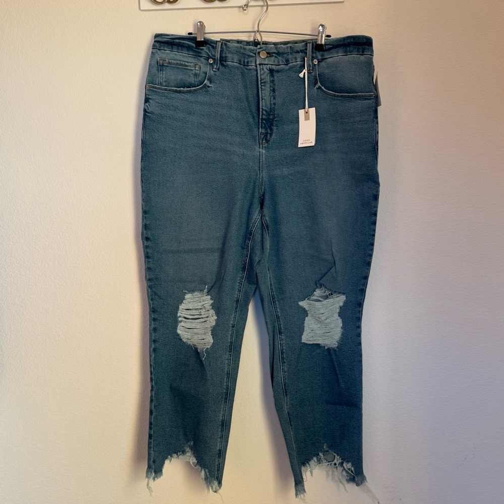 Good American Distressed Ankle Crop Jeans - Teal Wash
